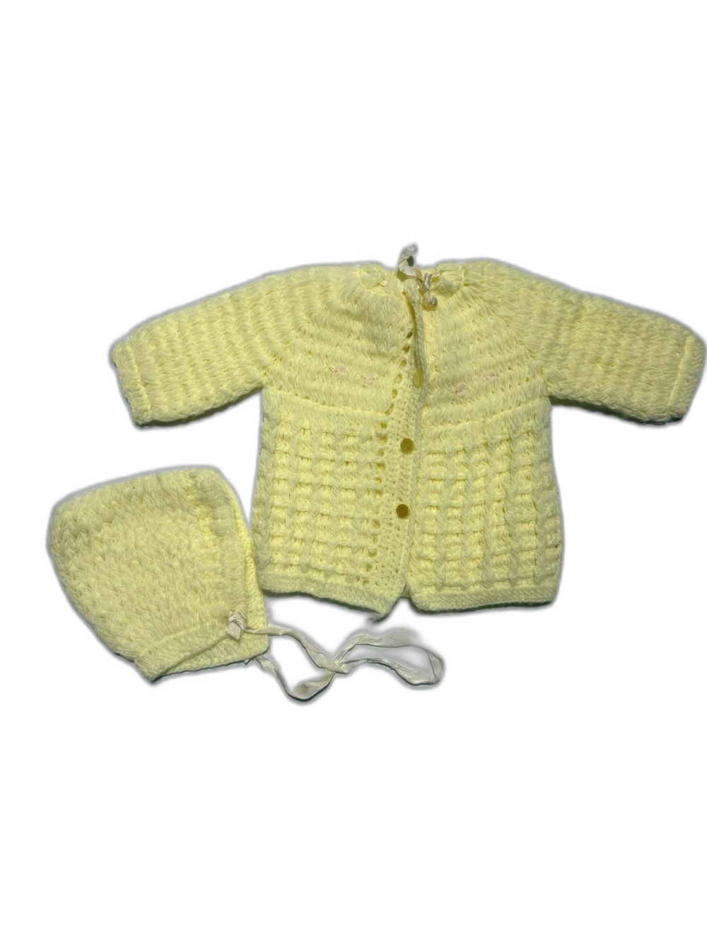 Vintage Regal Pastel Yellow Knit Baby Sweater &‎ Bonnet Set